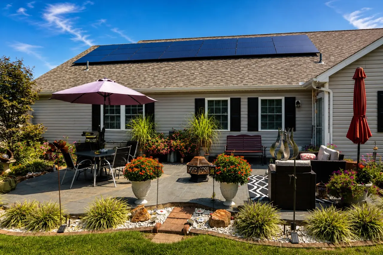 Black solar panels on the roof of an Illinois ranch home above a landscaped backyard patio