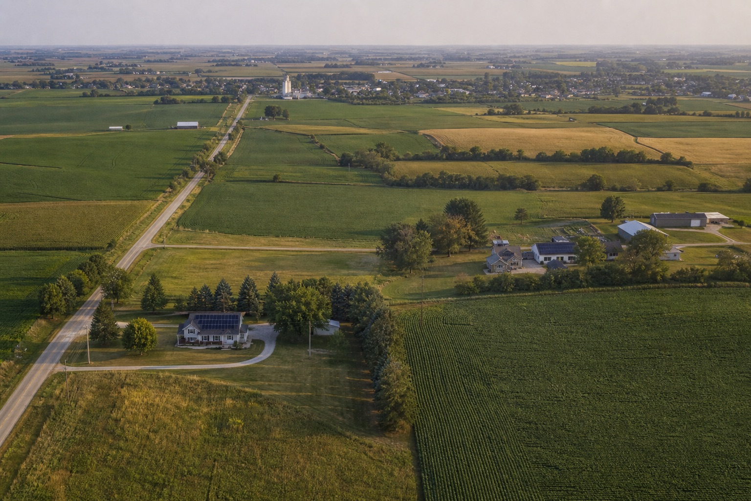 High drone view of rural Southern Illinois farmsteads and fields with a solar-equipped home