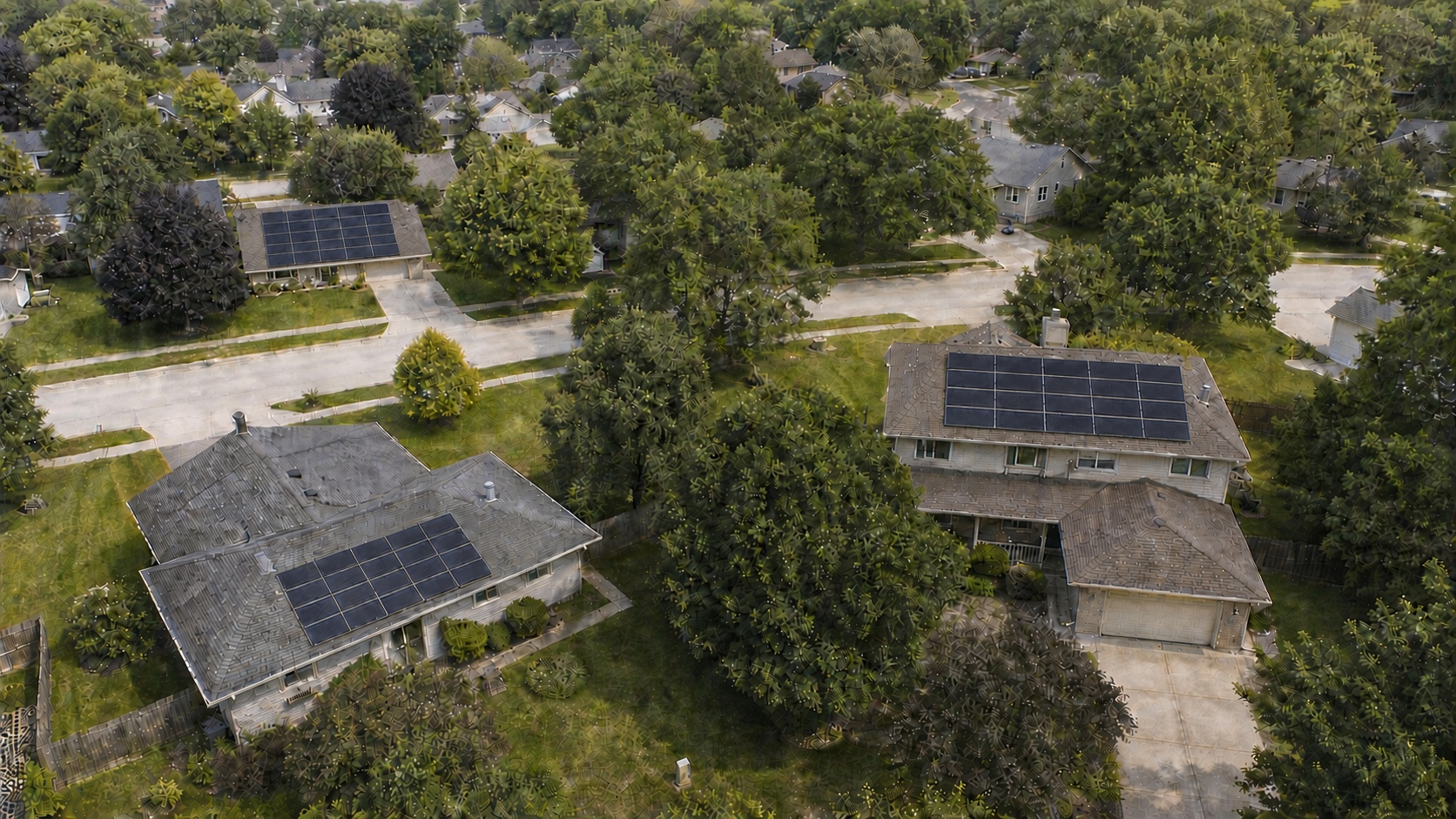 Drone view of an Illinois neighborhood where three neighboring homes have rooftop solar arrays