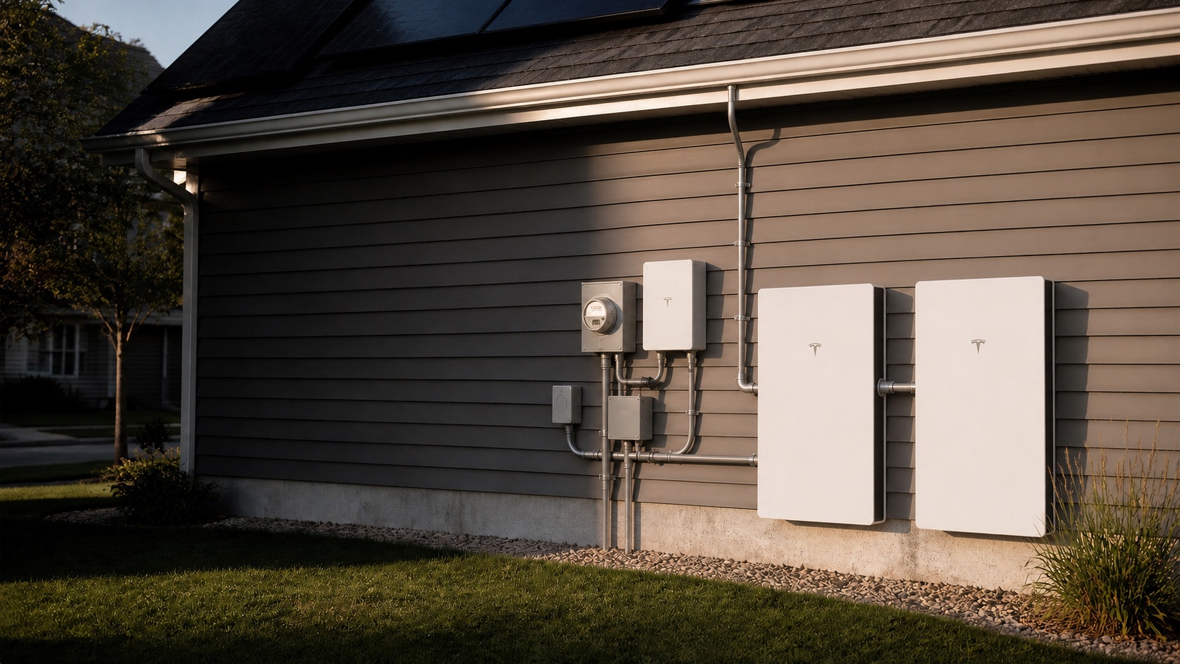 Two Tesla Powerwall home batteries and gateway mounted on the siding of an Illinois home