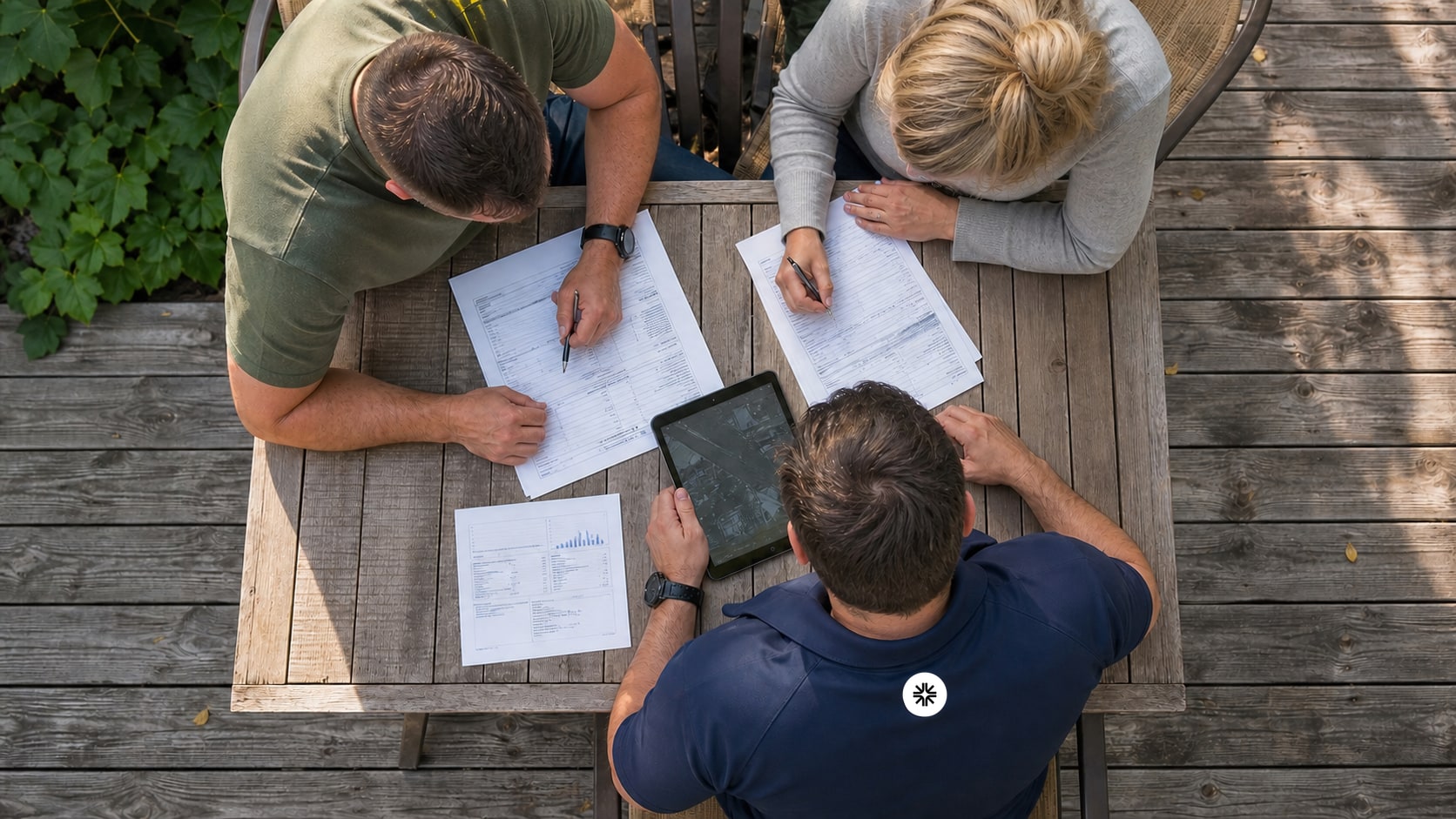 Illustrative scene of a solar consultant reviewing proposal paperwork with homeowners