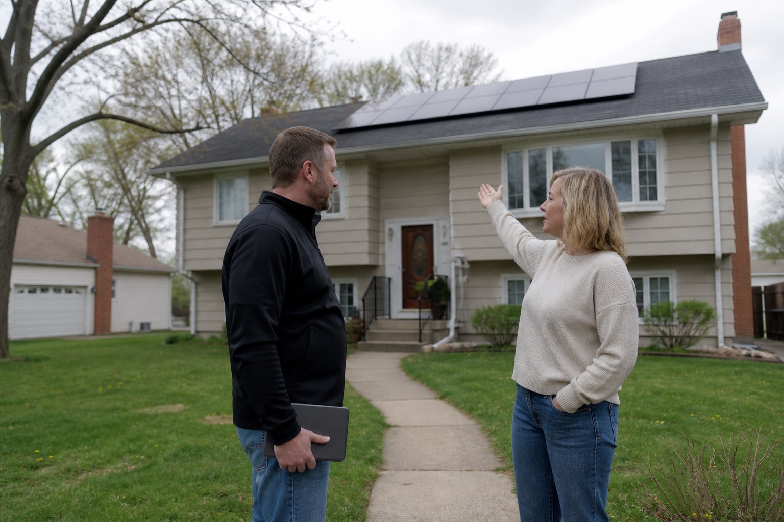 Solar advisor with a tablet reviewing a rooftop solar array with an Illinois homeowner