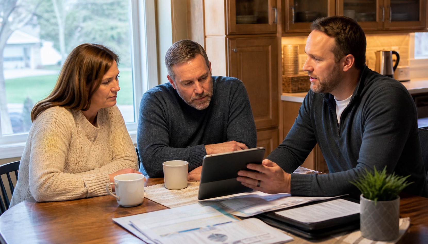 Solar advisor showing two homeowners payment options on a tablet at their kitchen table