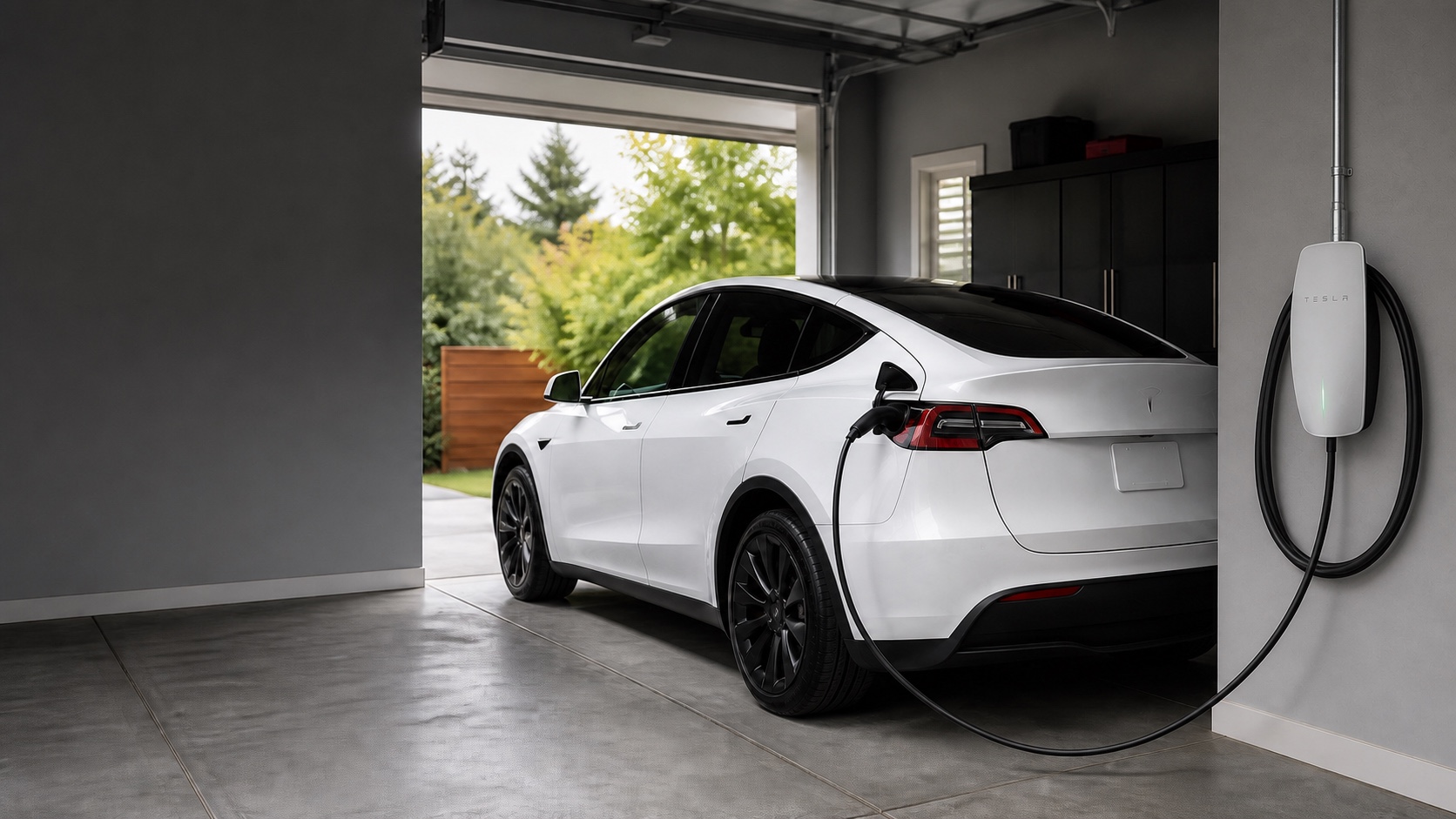 White Tesla Model Y charging from a wall-mounted Tesla Wall Connector in a home garage