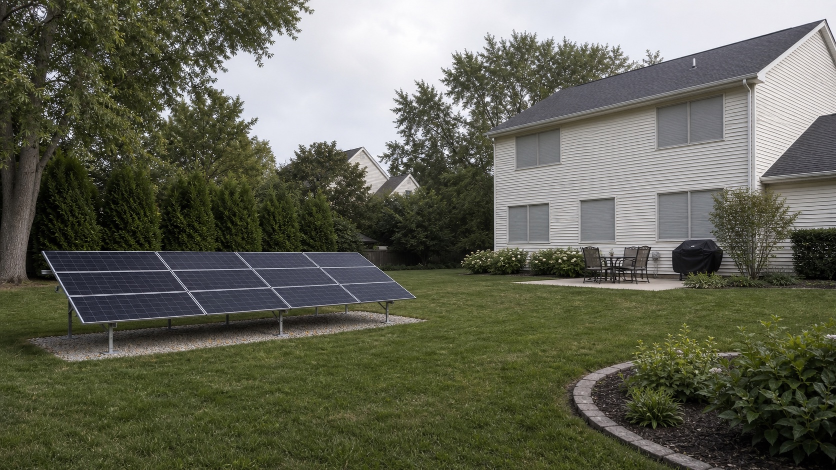 Ground-mounted solar array in the backyard of a two-story Illinois home
