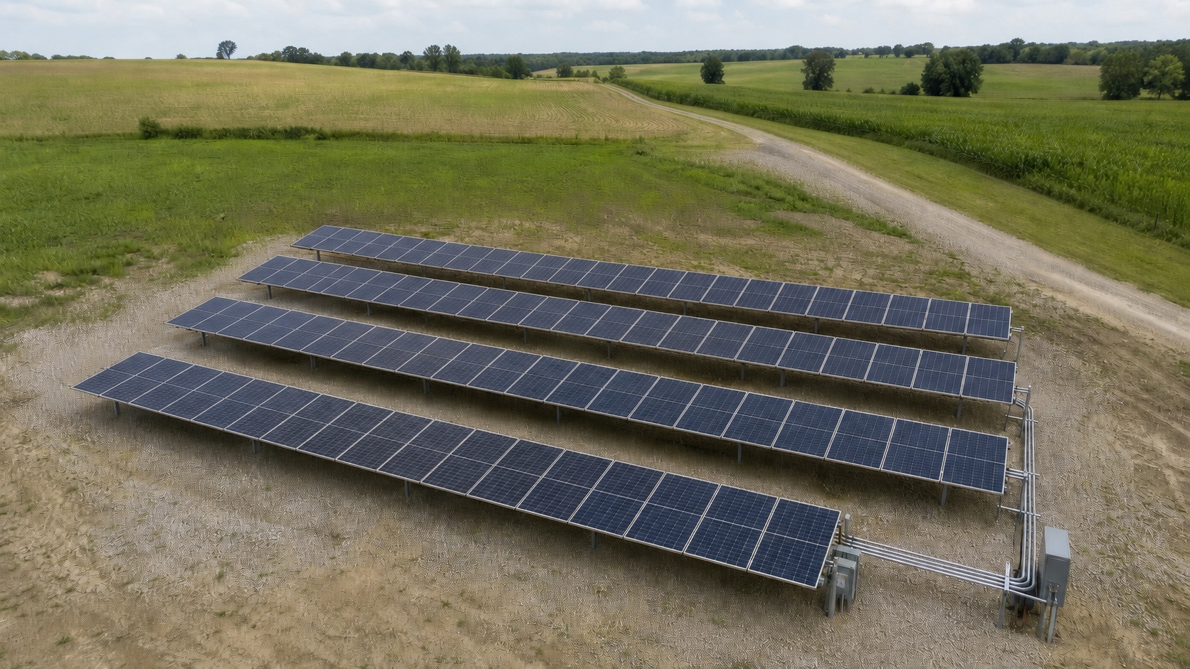 Aerial view of five rows of ground-mounted solar panels on a gravel pad beside Illinois farmland