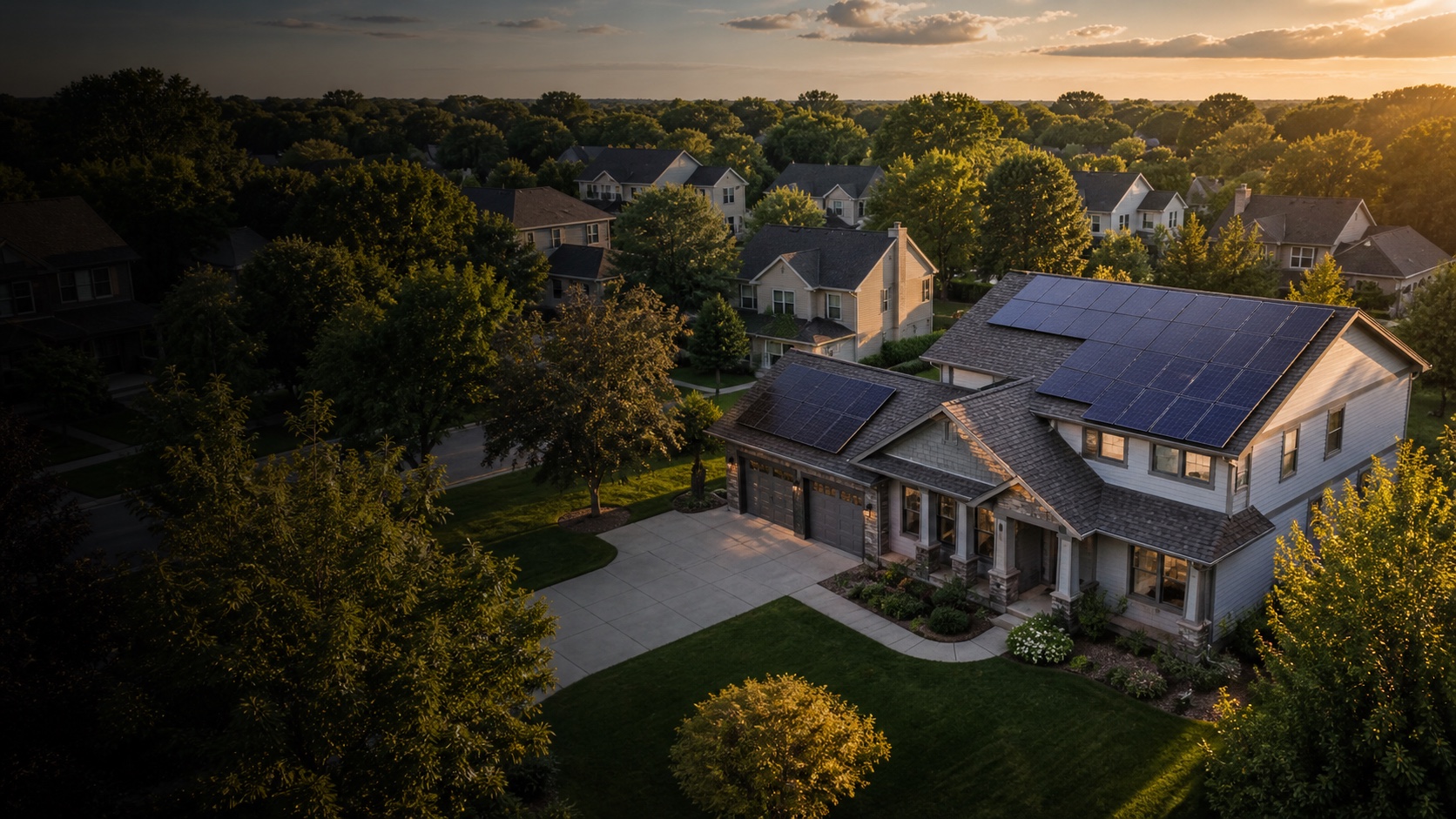 Aerial view at sunset of a rooftop solar home in a leafy Illinois neighborhood