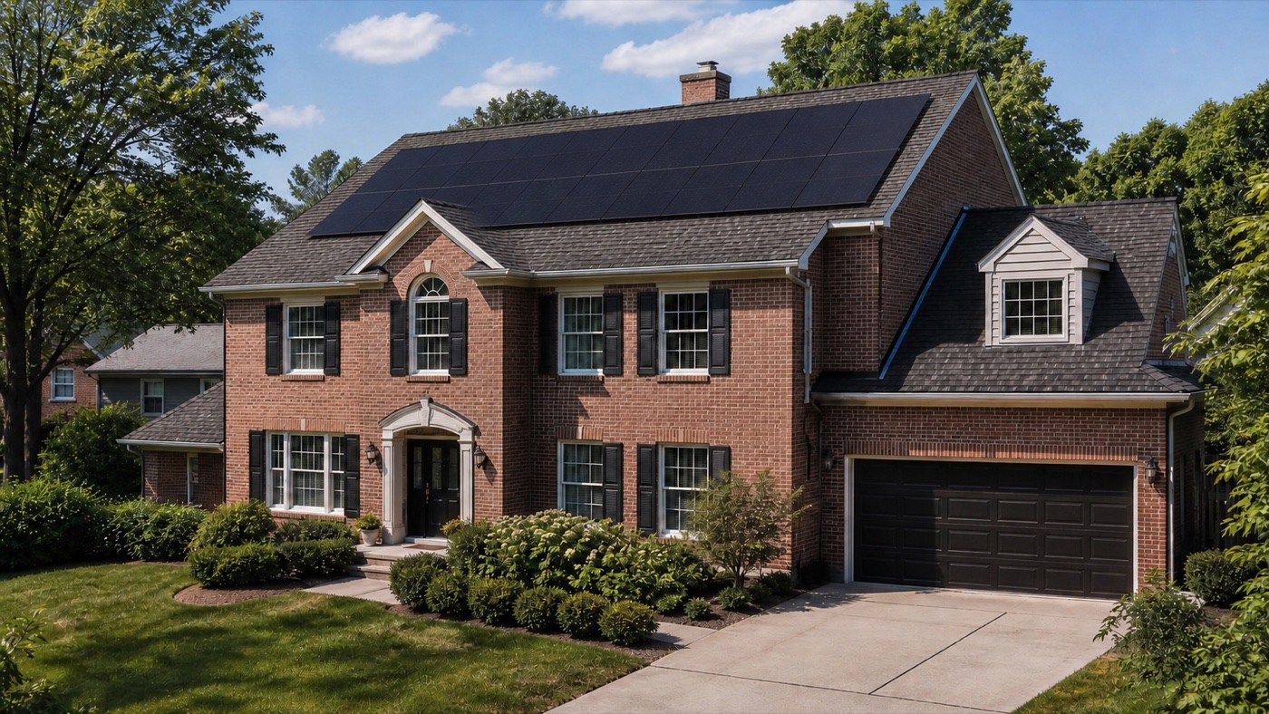 Brick colonial home in an Illinois suburb with rooftop solar panels and a black garage door