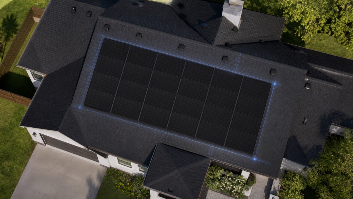 Aerial rendering of a dark suburban roof with the planned solar panel array outlined