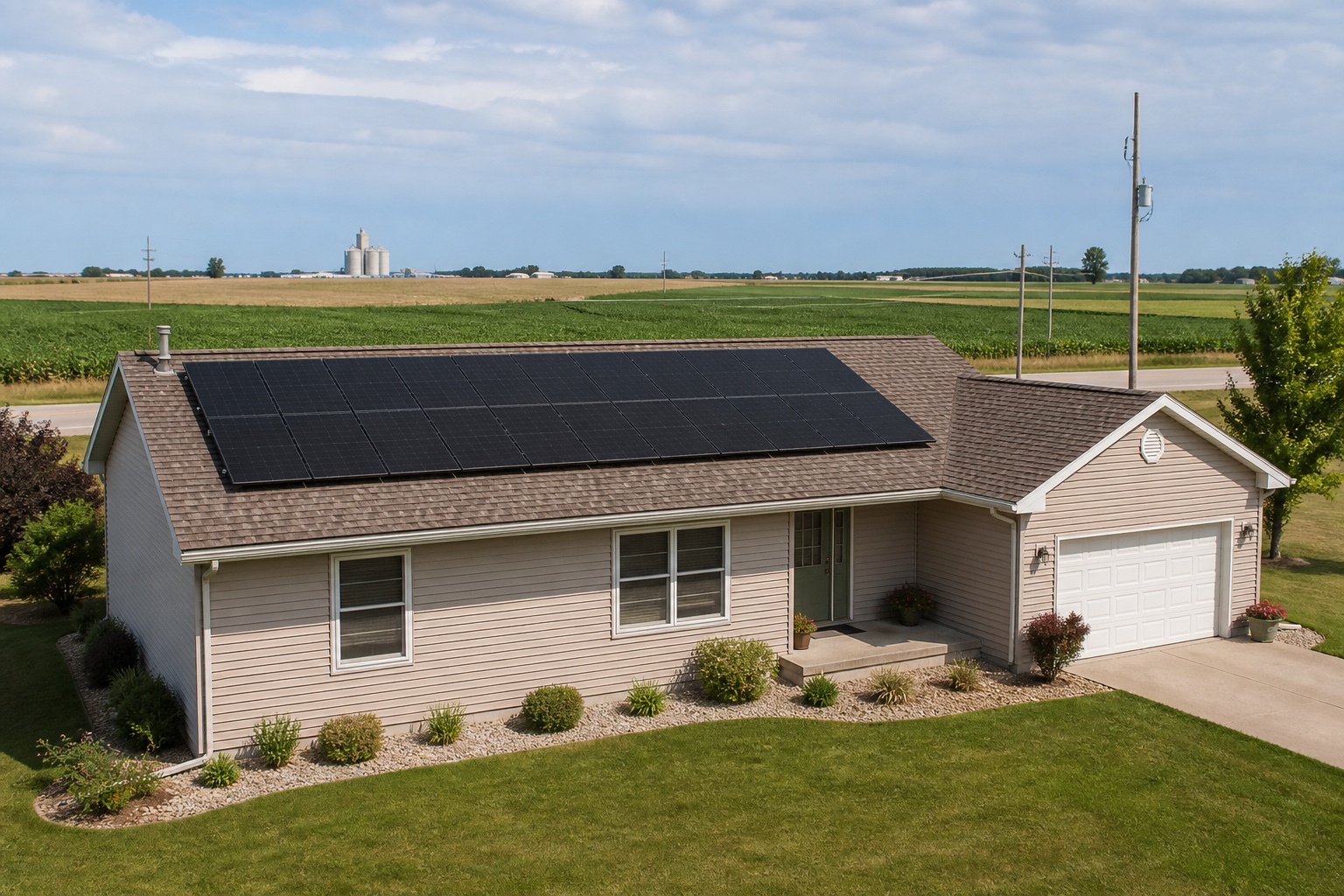 Central Illinois ranch home with rooftop solar beside open farmland