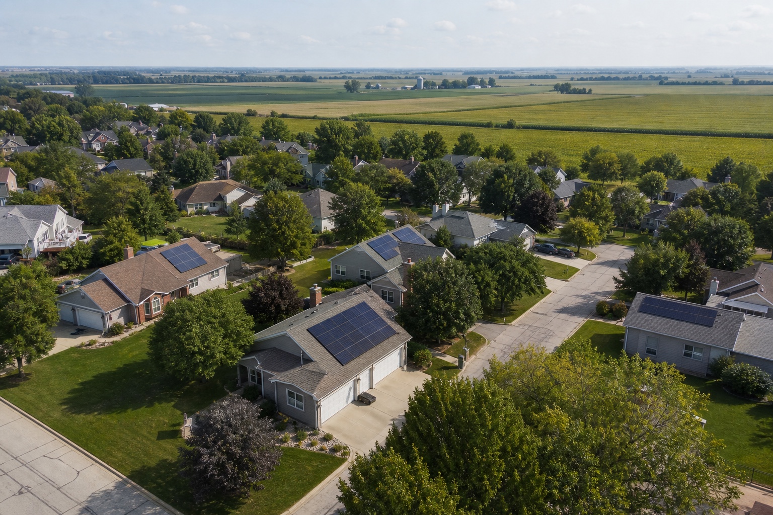 Aerial view of an Illinois subdivision with rooftop solar homes bordering open farmland