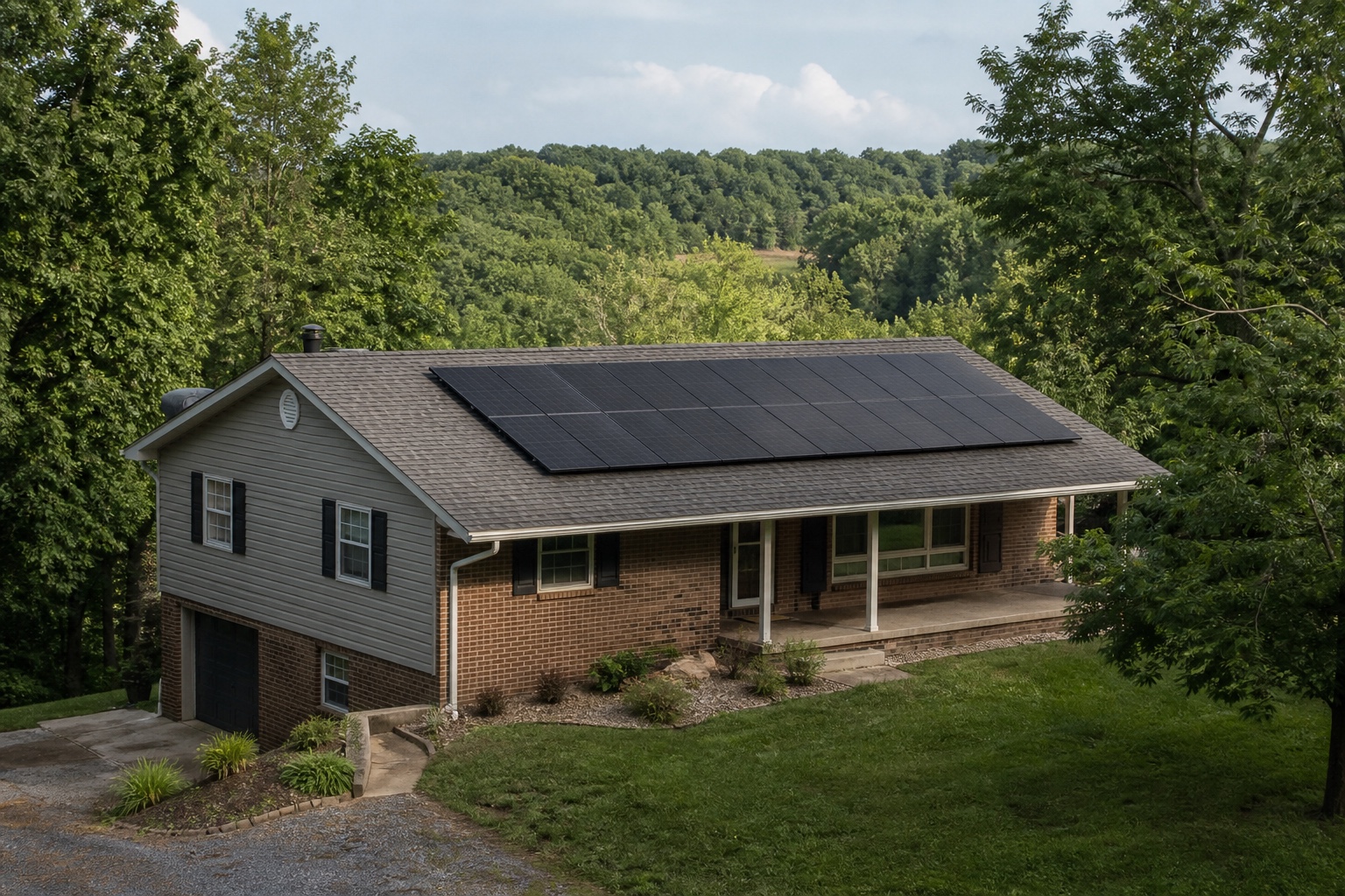 Split-level Southern Illinois home with rooftop solar surrounded by wooded hills