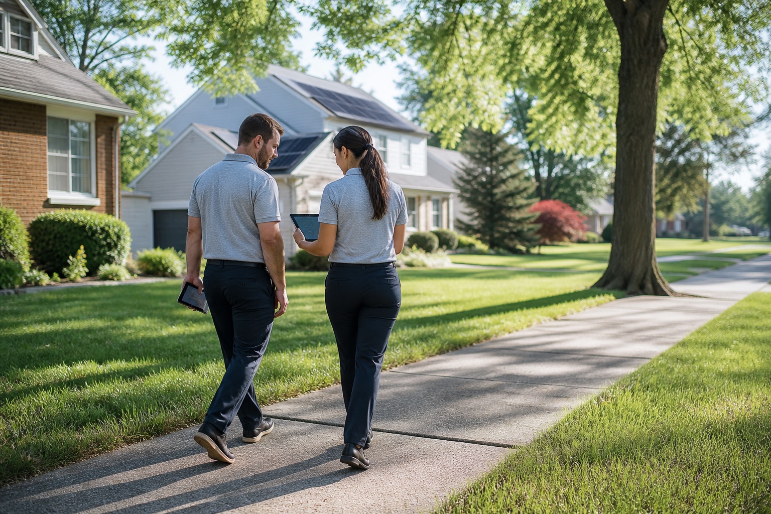 Illustrative image of two solar representatives walking through a neighborhood