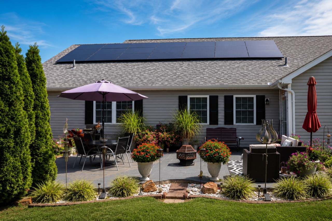 Rooftop solar panels on an Illinois ranch home above a landscaped patio with umbrellas