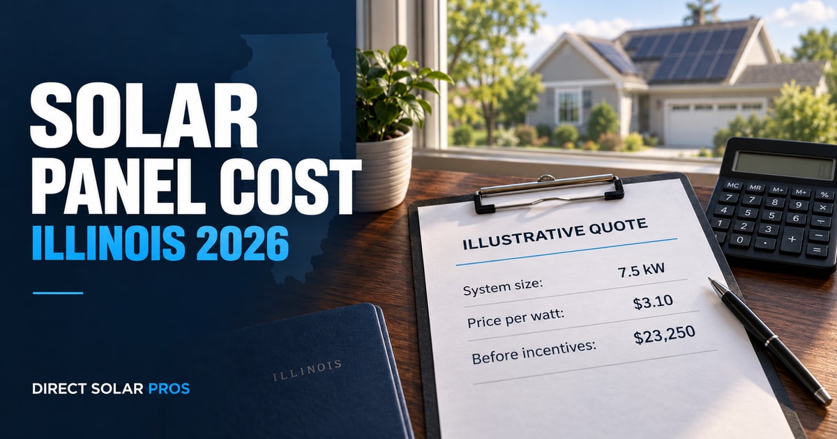 Illustrative solar installation quote showing a 7.5 kW system, $3.10 per watt, and $23,250 before incentives, with Direct Solar Pros branding