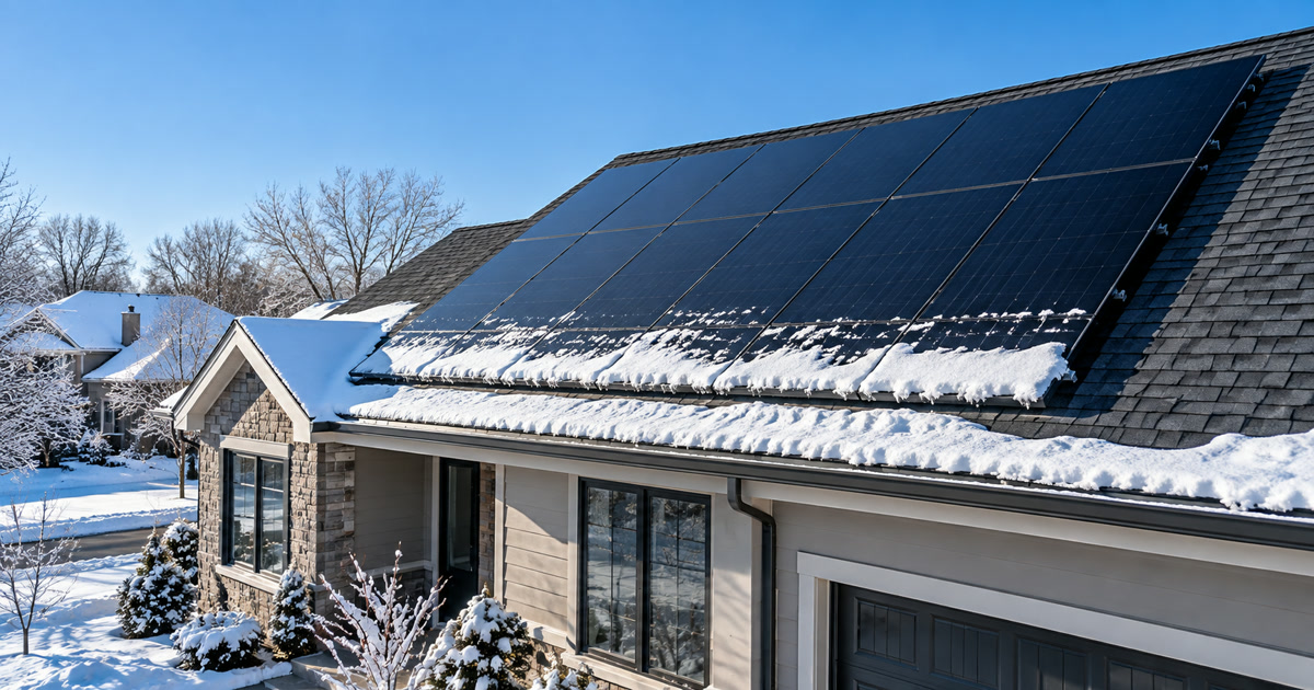 Rooftop solar panels on an Illinois home with snow sliding off the lower edge on a clear January morning